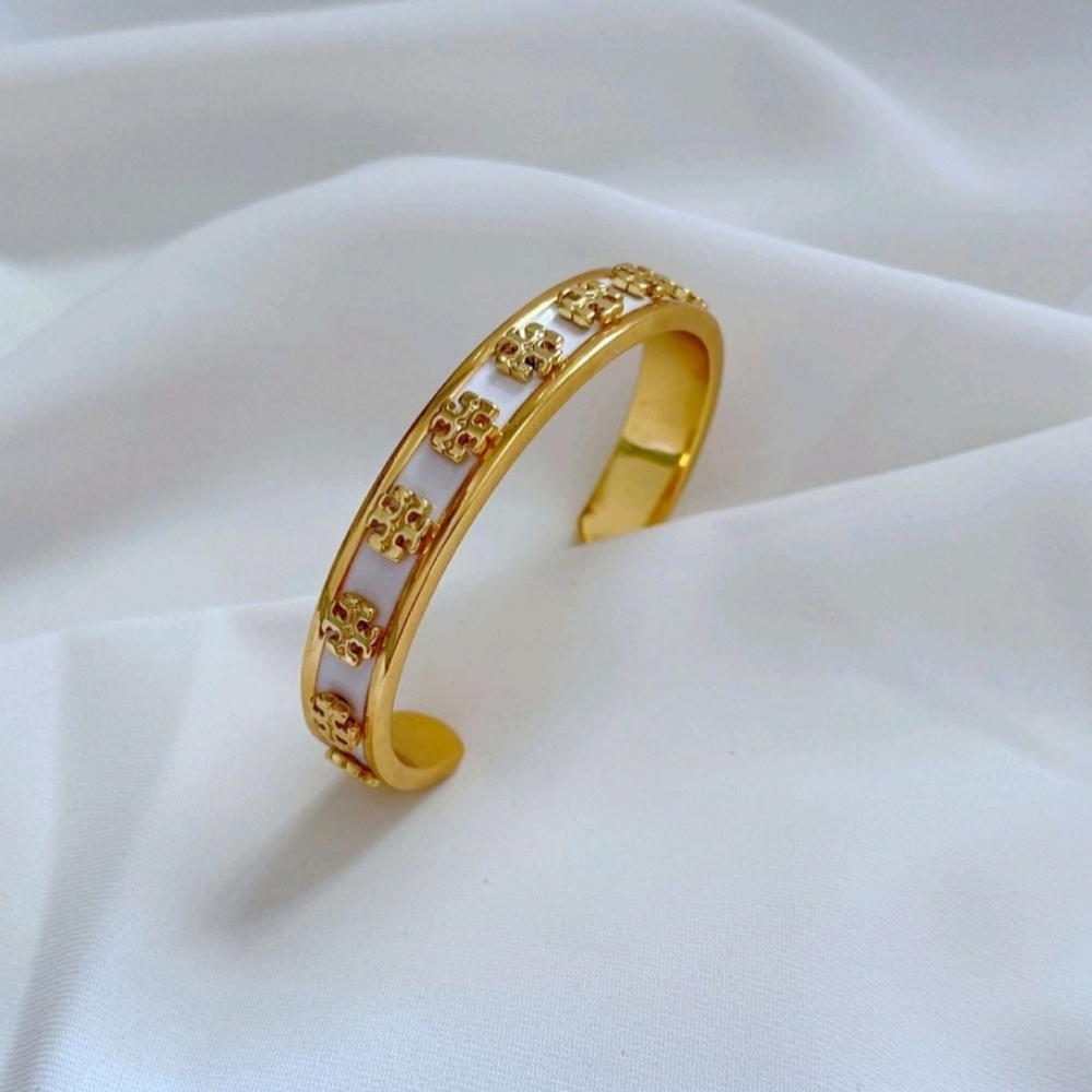 Tory Burch Gold and White Logo Cuff Bracelet